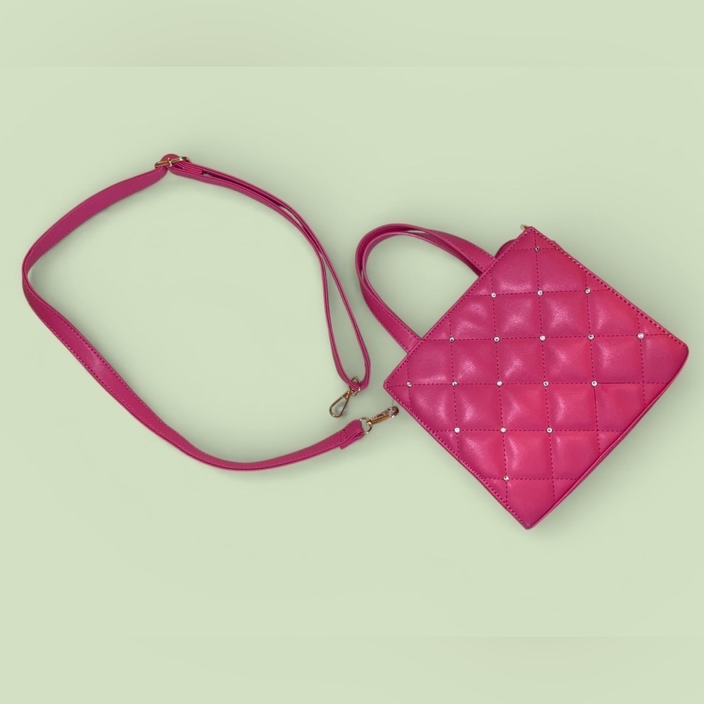 CROSSBODY Quilted Mini Tote Handbag w/Handles Fuchsia Hot Pink Adjustable Straps - Picture 3 of 7